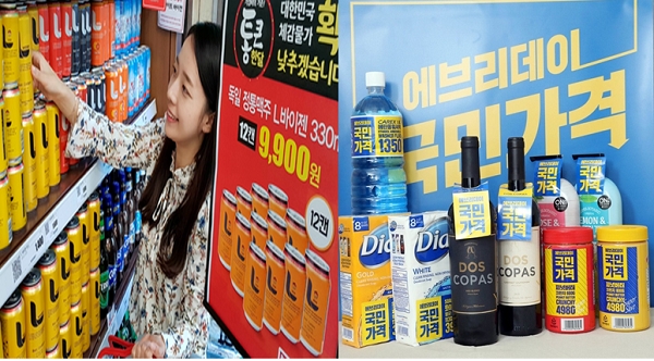 롯데마트 10월 초특가 판매 '통 큰 한 달' 행사 모습(왼쪽), 이마트 초저가 상품 ‘에브리데이 국민가격’의 상품들.(사진=각 사)