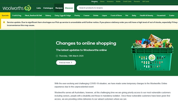 호주 최대 슈퍼마켓 체인 Woolworths 온라인몰(사진=Woolworths 홈페이지)